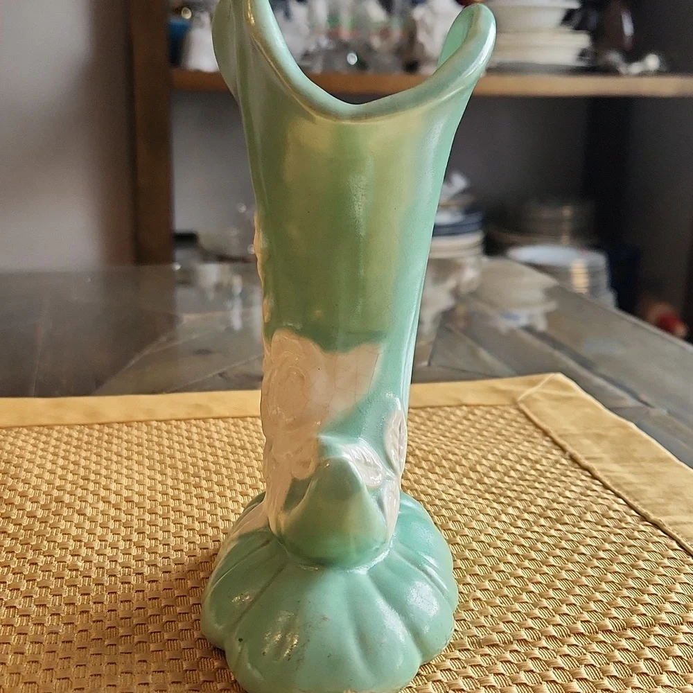 Vintage Weller Pottery Matte Green Cornucopia Vase Wild Rose Mcm